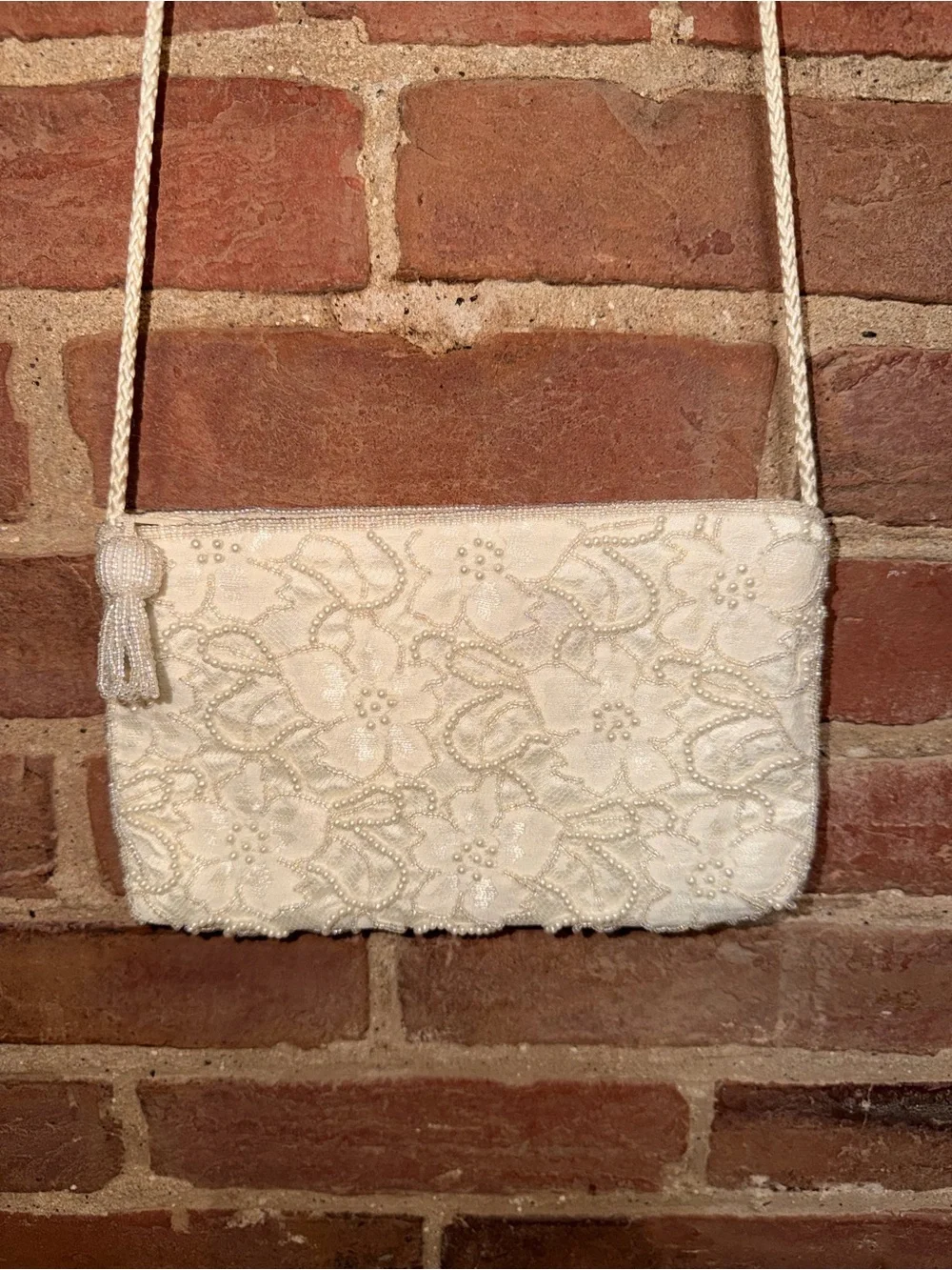 Ivory Floral Appliqué Crossbody Bag with Rope Strap Beaded
